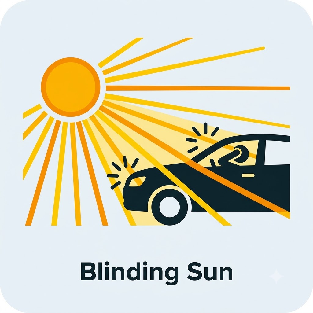 A sun glare icon with radiating beams representing glare and low-light visibility issues