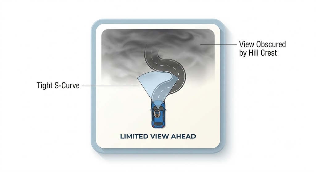 A winding road with a hill crest icon representing curves and crests that block the driver's view