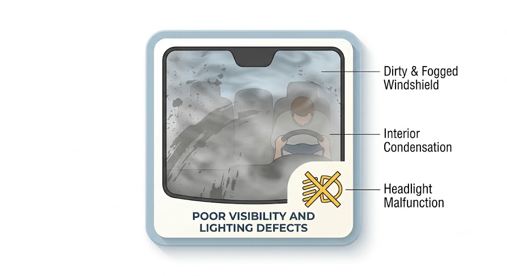 A dirty or fogged windshield icon representing vehicle-related visibility issues