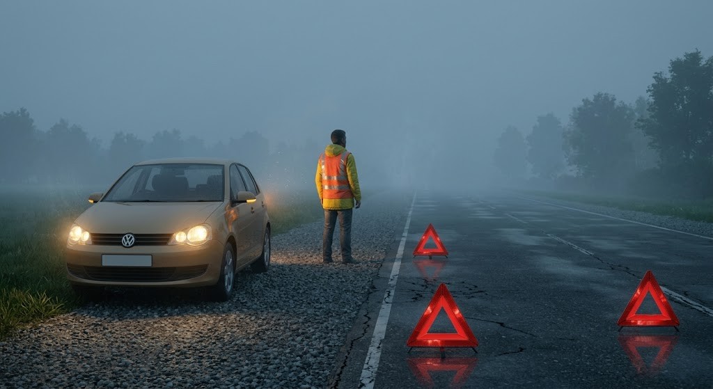 A car pulled fully off the road onto the shoulder in dense fog, hazard lights flashing. A driver stands at a safe distance wearing a reflective vest, away from the carriageway.