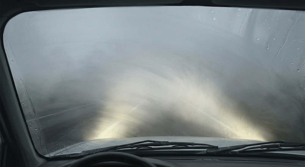 First-person driver's view through a windshield into thick fog: only a few metres of road visible, dipped headlight beams reflected back by the fog, illustrating why high beams are counterproductive
