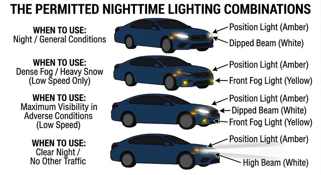 Four car silhouettes in a row, each showing a different active light combination with the lit lights highlighted: (1) position + dipped beam, (2) position + front fog, (3) position + dipped + front fog, (4) position + high beam