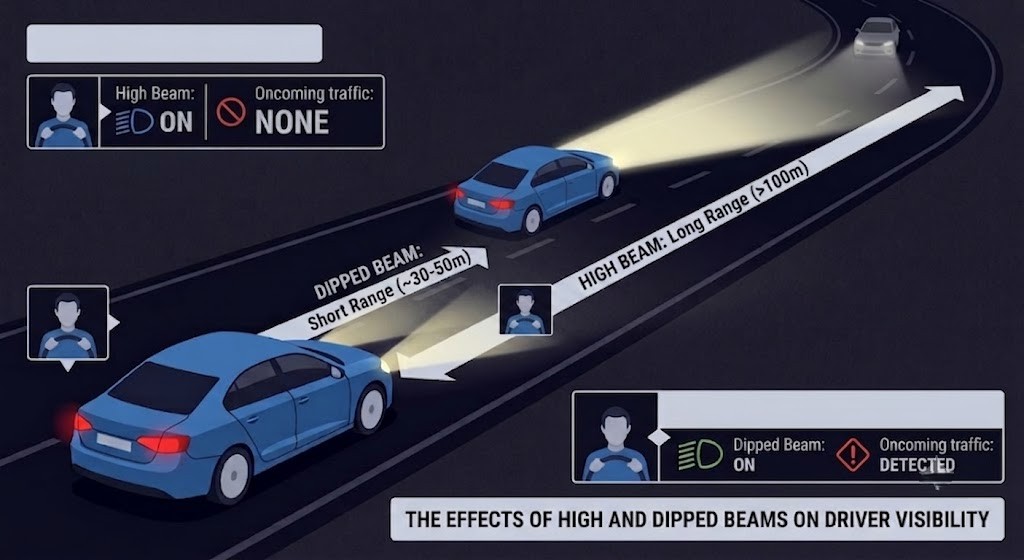 Side diagram or top-down view showing two scenarios: a car using high beams on an empty dark road, then switching to dipped beams as an oncoming car appears. Beam reach arrows labelled for each scenario.