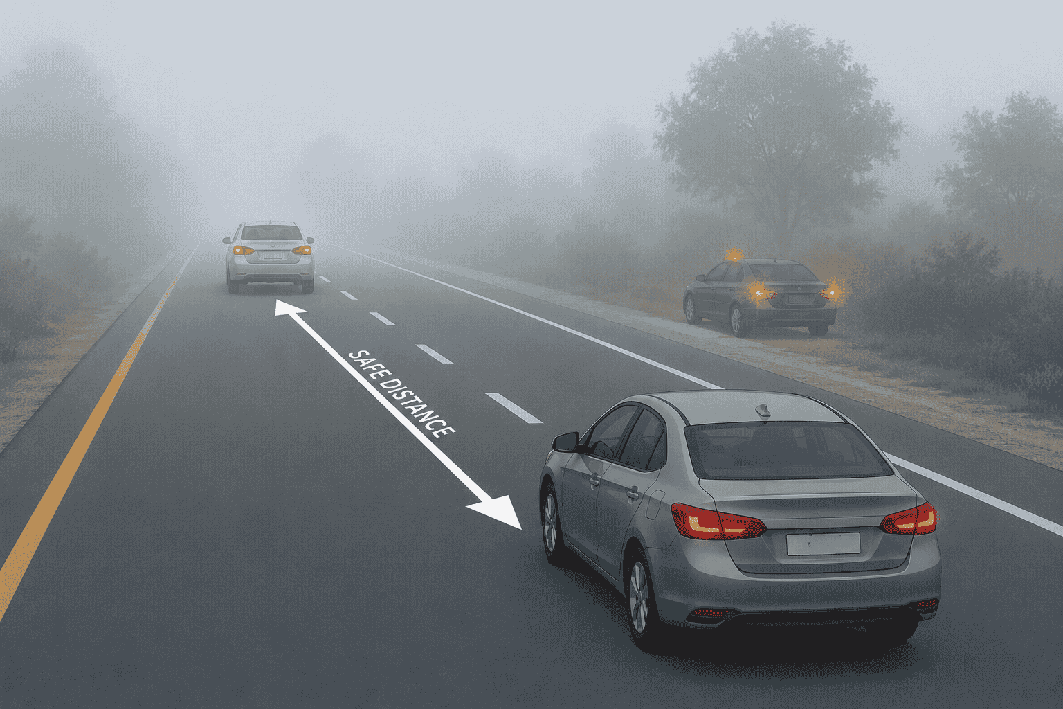 A foggy road scene with a car in the right lane maintaining a long, clearly visible gap from the car ahead. A second car is shown pulled off the road on the shoulder with hazard lights flashing.