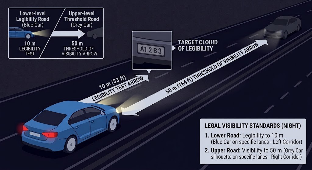 Diagram of a dark road showing a car with two distance markers: a 10 m arrow pointing to a licence plate, and a 50 m arrow pointing to a dark vehicle silhouette in the distance