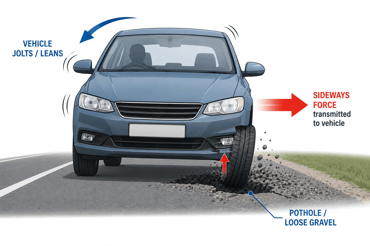A tyre encountering a pothole or loose gravel on a road surface, with a destabilisation arrow showing the sudden sideways force on the vehicle