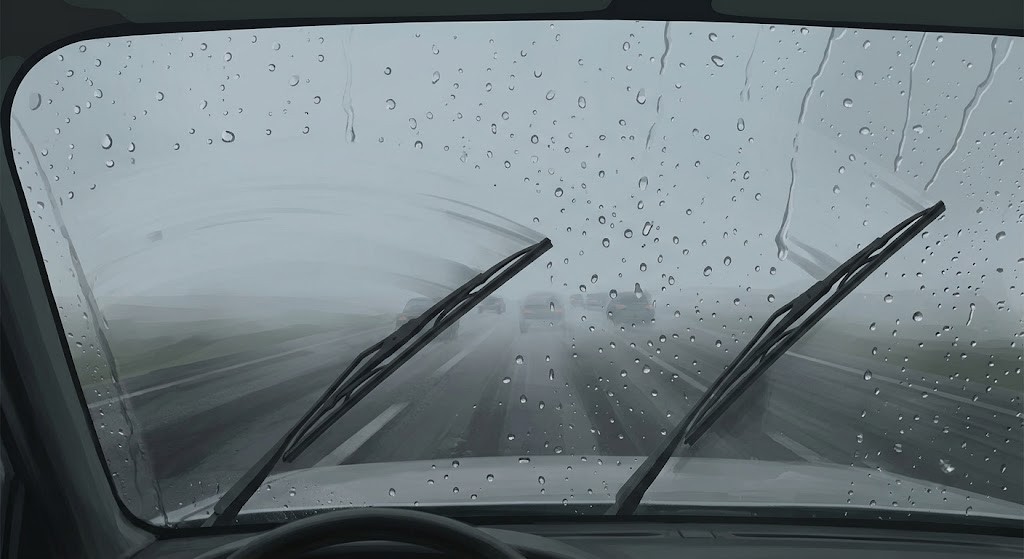 Driver's view through a rain-covered windshield with wipers active, or a snowy road scene ahead with reduced visibility and a longer braking-distance arrow overlay