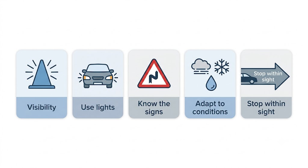 A compact 5-icon recap infographic in a row: (1) visibility cone, (2) car with active lights, (3) triangular warning sign, (4) weather icons (fog/rain/snow), (5) stopping distance arrow. Each icon has a short label beneath.