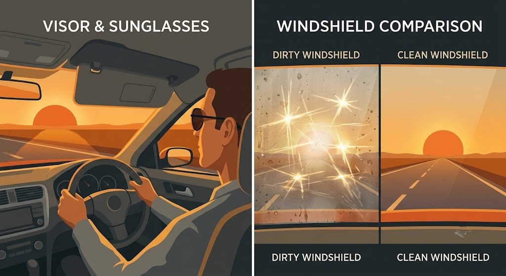 Split image: left shows a driver with a sun visor pulled down facing a low sun; right shows a dirty windshield scattering sunlight versus a clean windshield with clear visibility