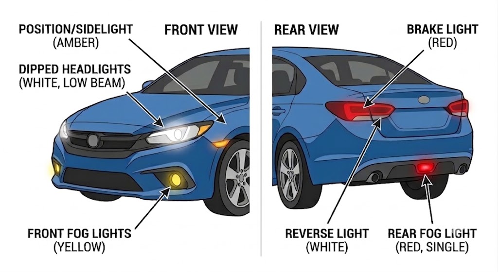 Annotated diagram of a car (front and rear view) with labelled arrows pointing to each light type: position lights, dipped headlights, front fog lights, and rear fog light
