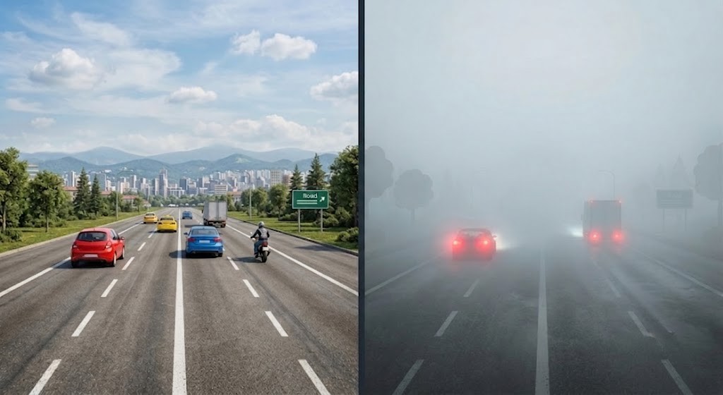 Split-scene illustration: left half shows a clear road in bright daylight with full visibility; right half shows the same road in dense fog with no visible lane markings or horizon