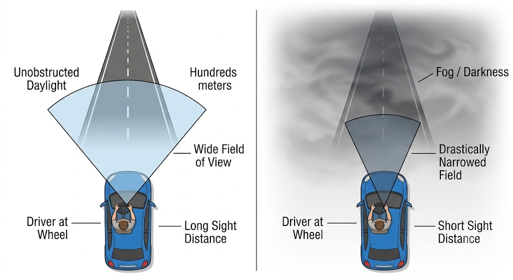 Two side-by-side top-down diagrams of a driver at the wheel: left shows a wide, clear cone of vision on a bright road; right shows a severely narrowed cone in fog or at night