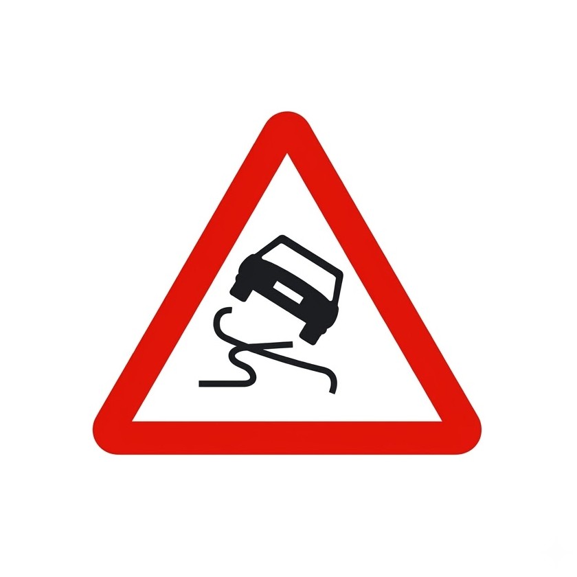 A red-bordered triangular warning sign planted at the roadside in realistic context, with a road stretching ahead - establishing the visual language of hazard warning signs