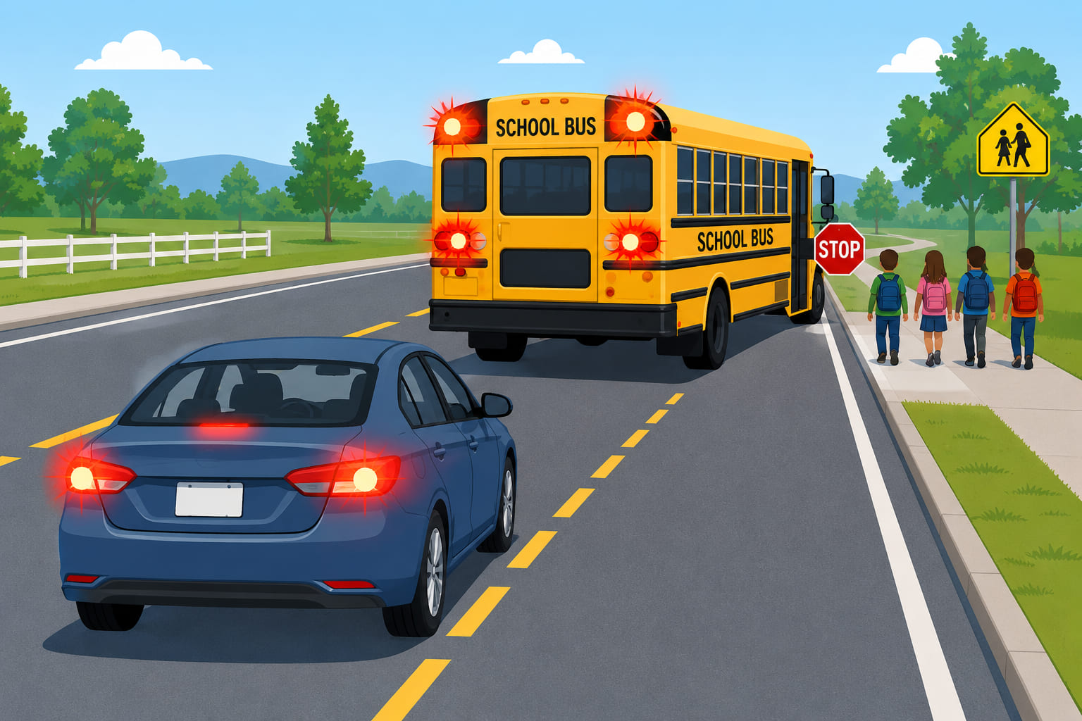Question image: A driver approaches a school bus that has stopped to drop off passengers. What s