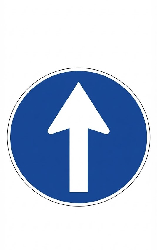 Question image: A circular blue sign with a white arrow pointing forward indicates…
