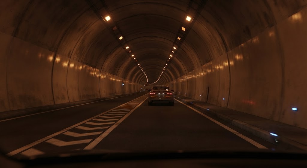 Question image: In tunnels with one lane per direction, pedestrian crossings, intersections and