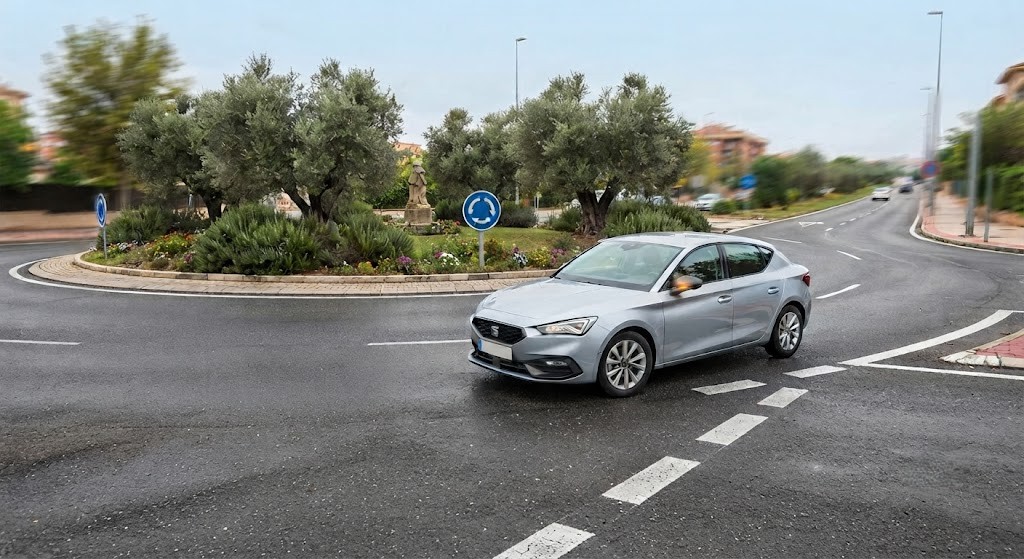 Question image: If the driver ahead activates the right indicator in a roundabout, you should un