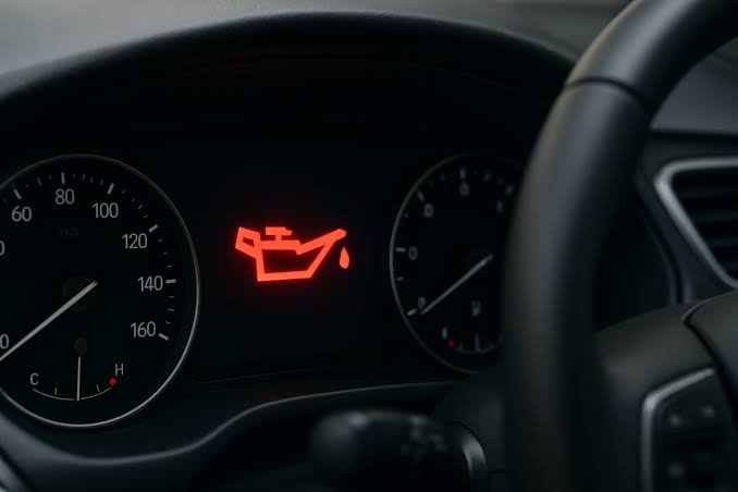 Question image: While driving, the oil pressure warning light comes on the dashboard. What shoul