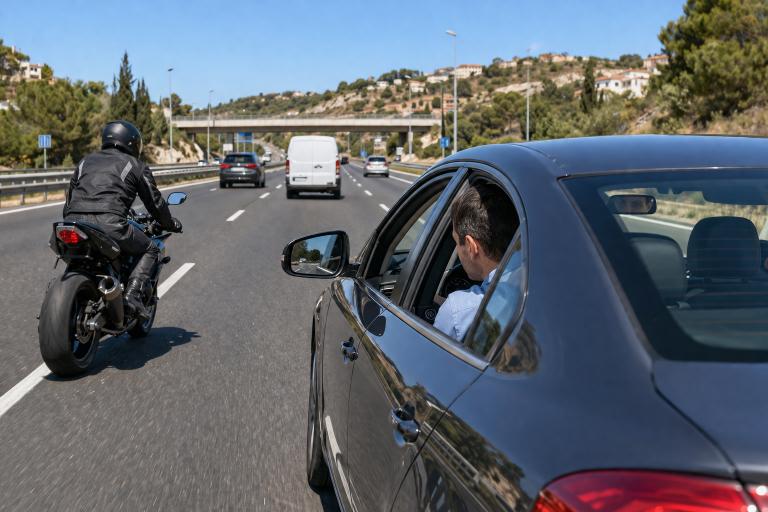 Question image: Before changing lanes, what precaution should a driver take regarding motorcycle