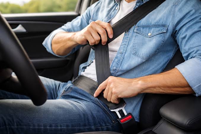 Question image: How should the lap (abdominal) strap of the seat belt be positioned?