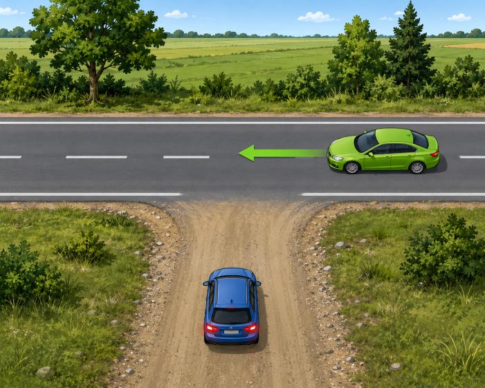 Question image: At an unsigned junction between a paved and an unpaved road, who has priority?