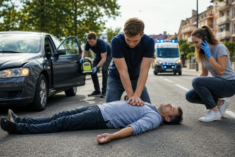 Question image: If a person is not breathing, what manoeuvre should be started and under what co