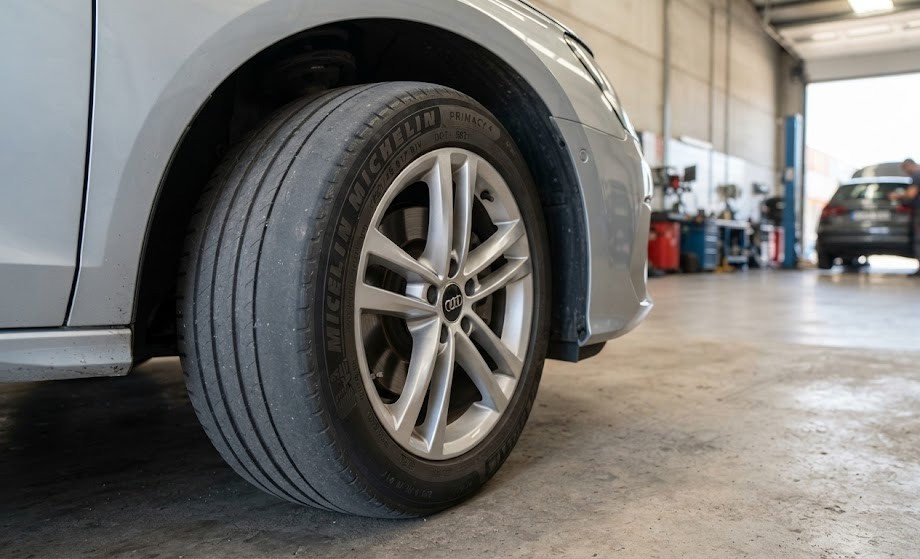 Question image: Pronounced wear on both edges (shoulders) of the tyre usually indicates: