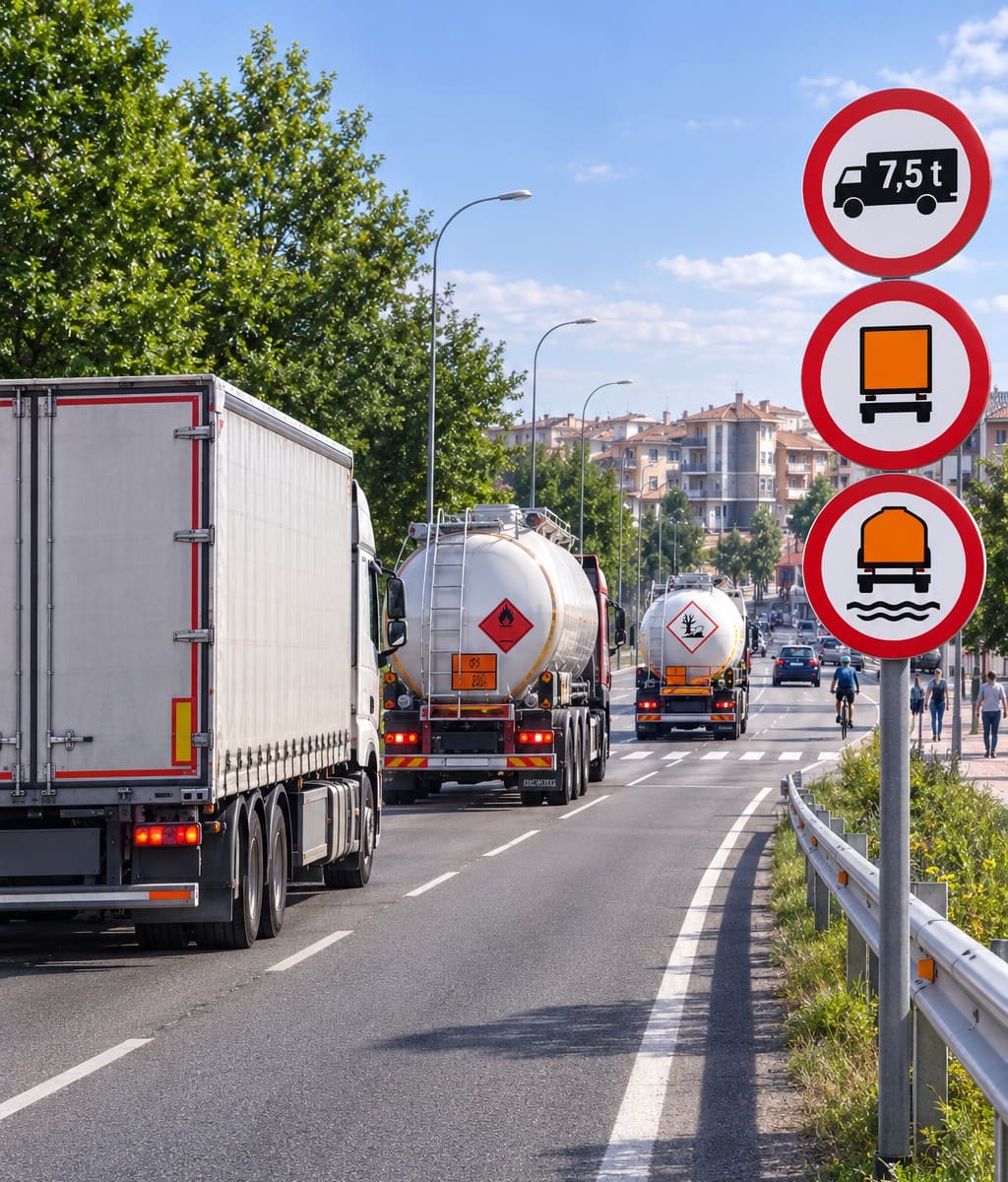 Question image: What type of signs restrict vehicle access based on the type of load?
