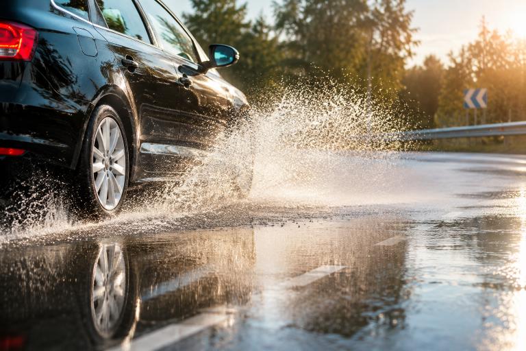 Question image: What does the phenomenon of aquaplaning consist of?