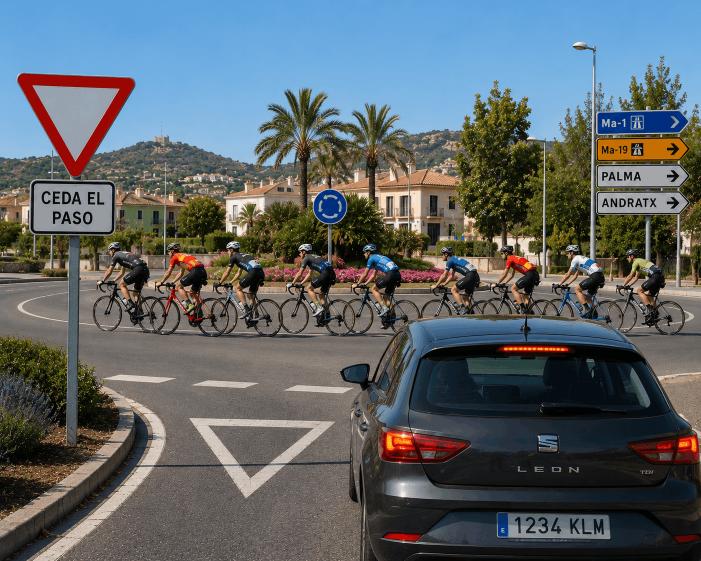 Question image: A group of cyclists has begun to cross a roundabout. The arriving driver: