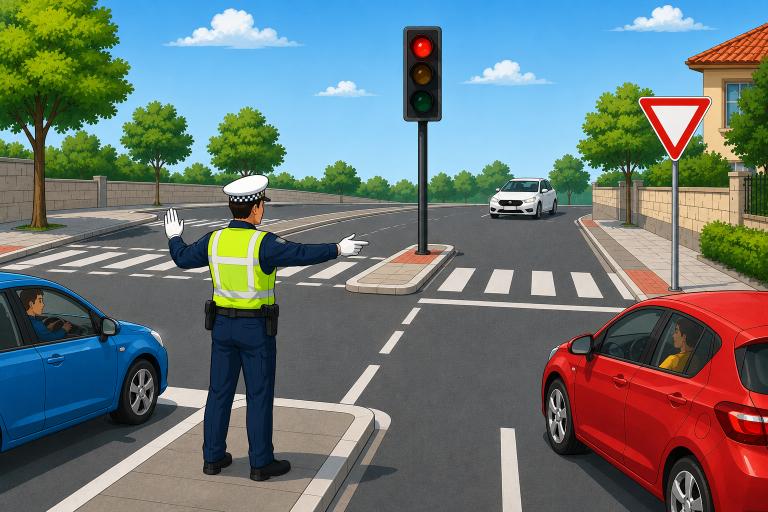 Question image: At a junction, what should a driver follow first to determine priority?