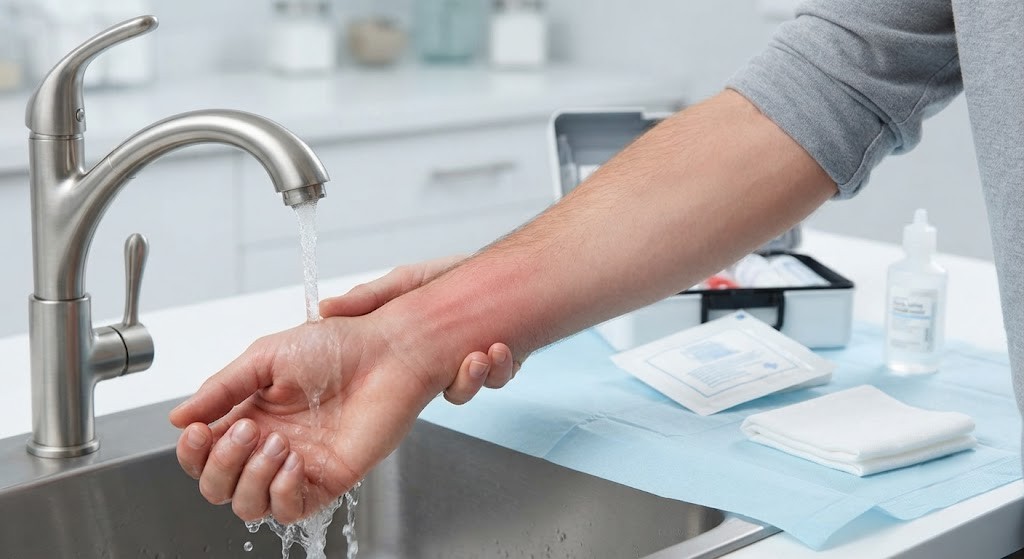 Question image: How should burns be treated in first aid?