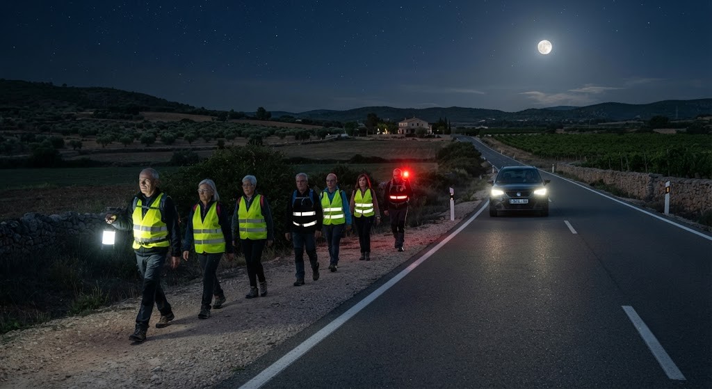Question image: When a group of pedestrians walks along the road at night, what lights must they