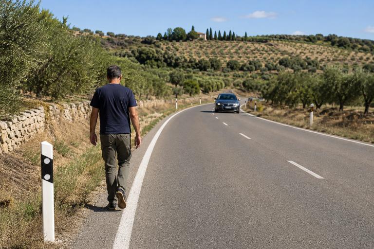 Question image: On roads outside towns, on which side of the carriageway should pedestrians gene