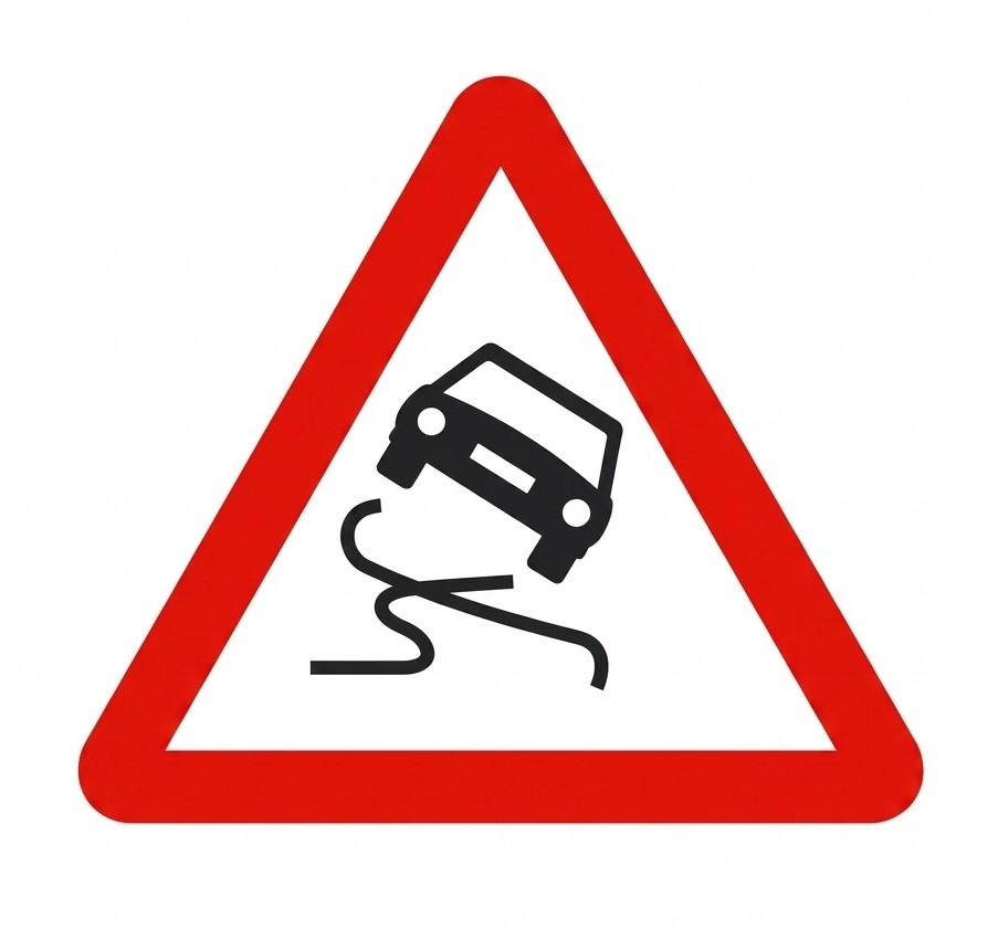 Question image: The P-19 sign warns of a slippery road surface. What should you do when you see